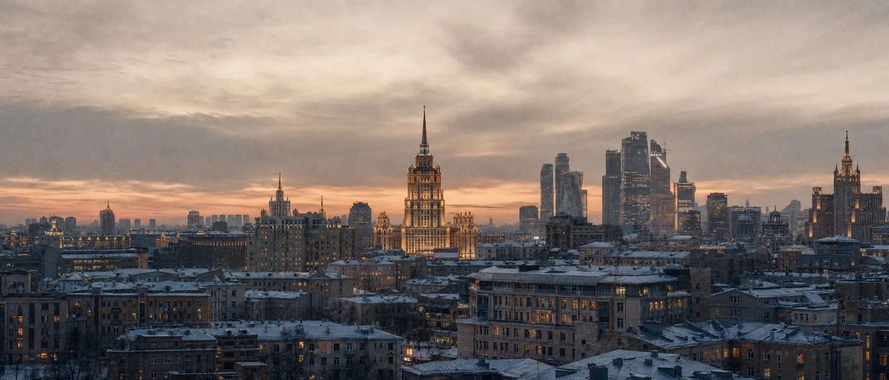 Панорама российского города на закате: сталинские высотки и современные жилые башни